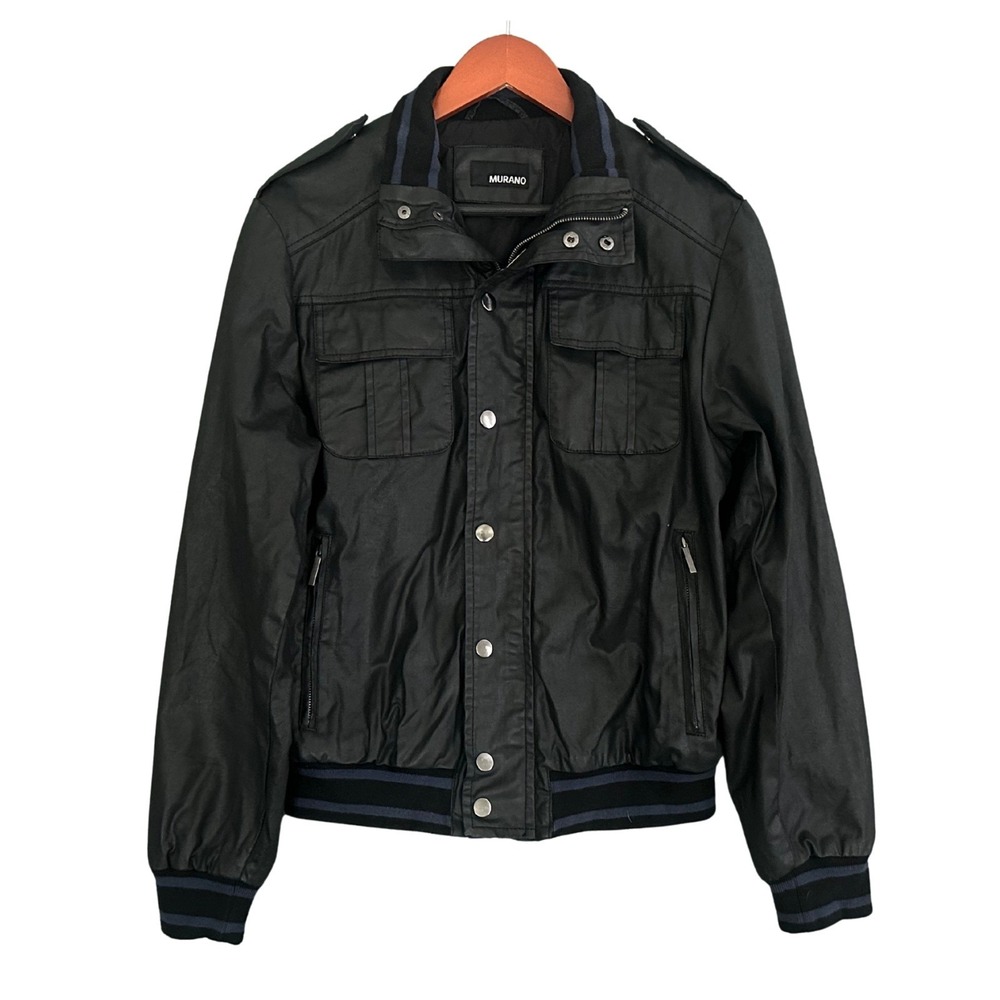 Murano Mens Black Coated Cotton Bomber Jacket Military Full Zip Size M